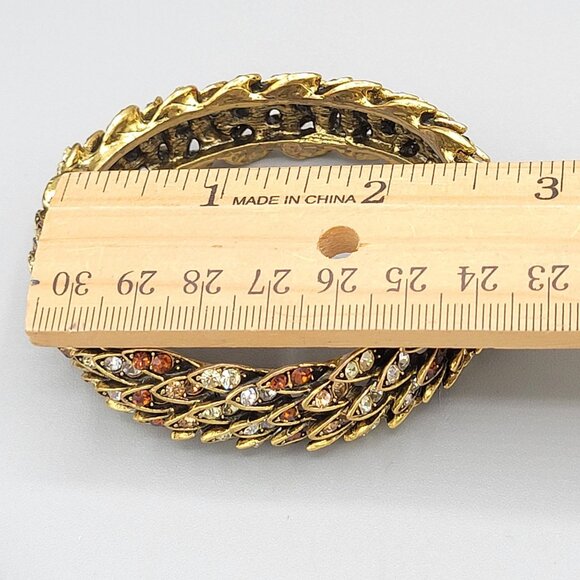 Rhinestone Feather Hinged Bangle Bracelet Clamper Tan White Gold Tone Metal - Picture 5 of 9